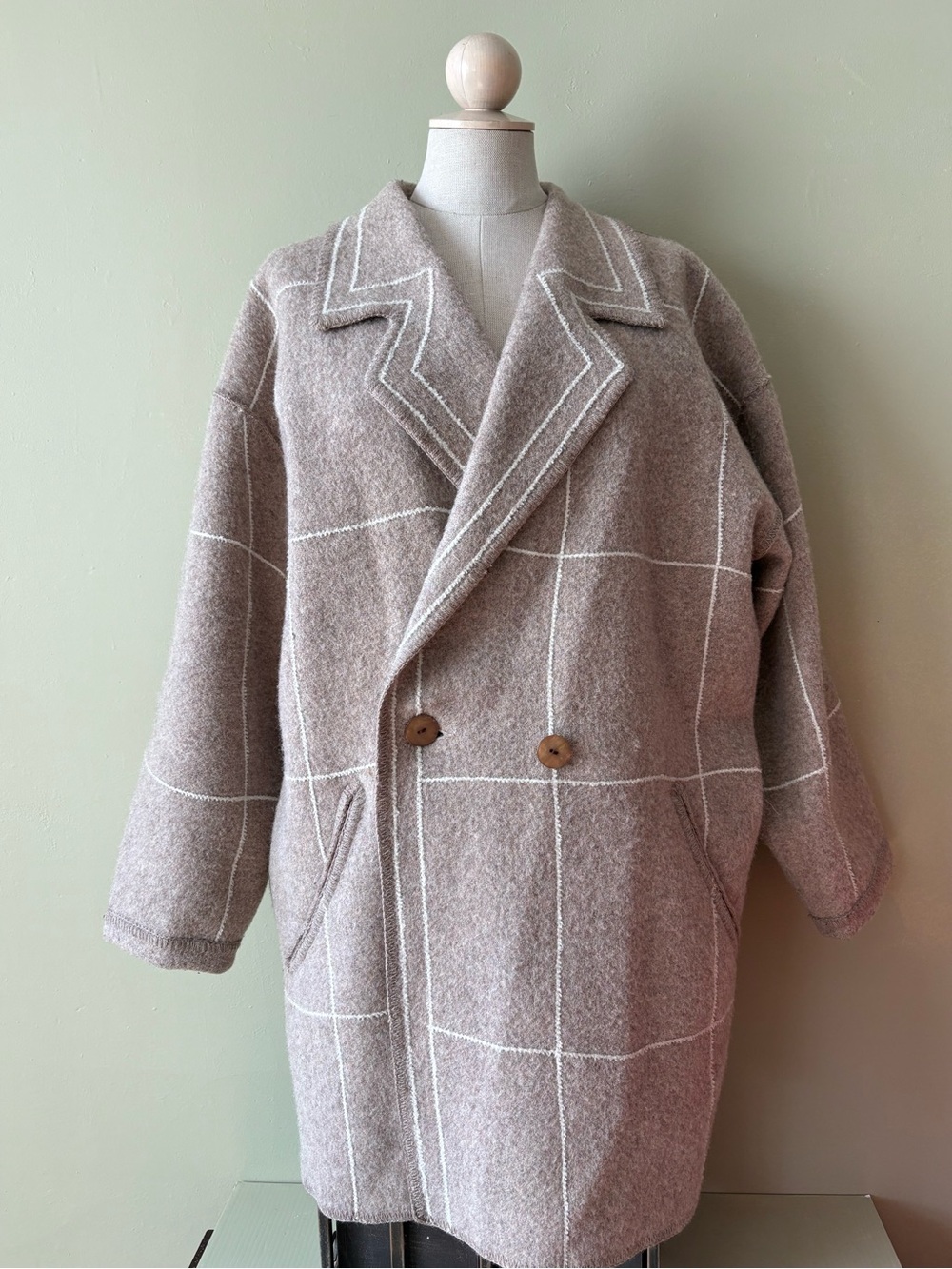 Linda Lundstrom woolmark Women's Checked Double-Breasted Pea Coat Taupe Size L